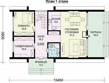 Проект каркасного А-образного дома-шалаша / План 1 этажа