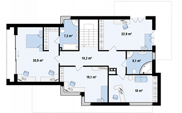 Проект современного двухэтажного дома из газобетона в стиле модерн с пятью спальнями, с гаражом, угловой террасой и балконом над ней / План 2 этажа