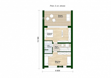 Проект двухэтажного дома из газобетона в стиле барнхаус с панорамными окнами в гостиной / План 2 этажа