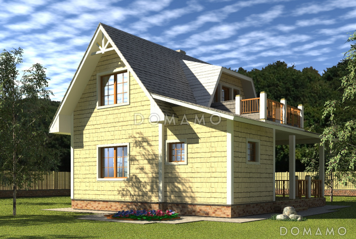 Проект каркасного дачного дома с балконом, террасой, и двумя спальнями