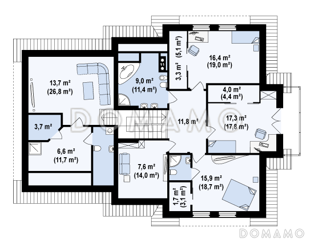 Проект просторного комфортного мансардного дома из газобетона с необычной планировкой и гаражом / План мансардного этажа