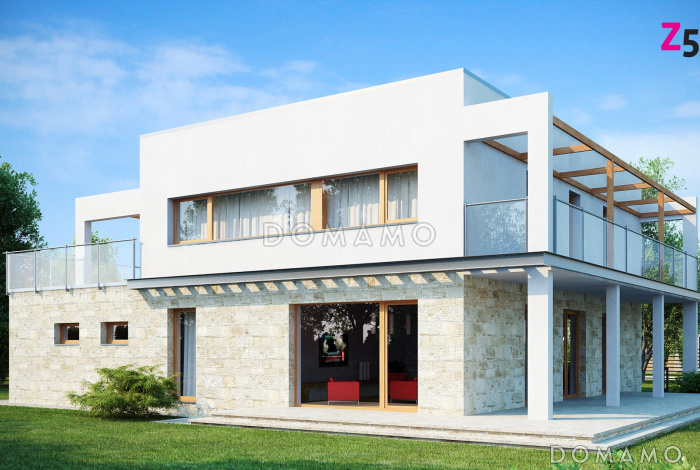 Проект современного двухэтажного дома из газобетона с четырьмя спальнями, кабинетом и гаражом