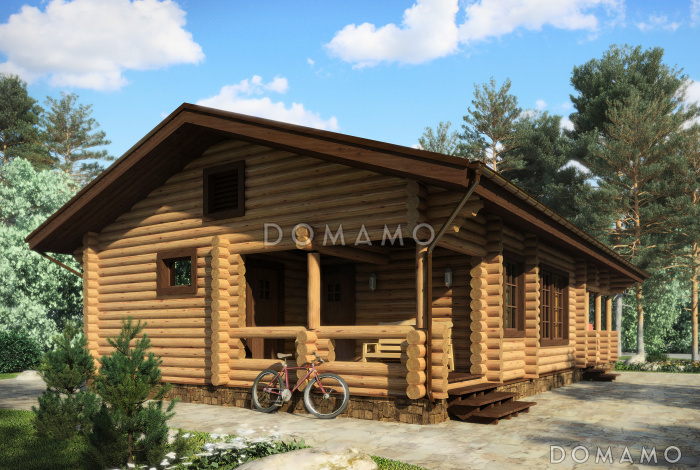 Проект одноэтажного лаконичного дома из оцилиндрованного бревна с просторной гостиной