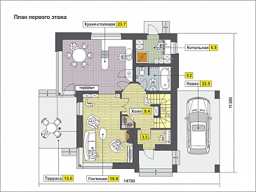 Проект дома с парной, бильярдной, навесом для машины, спальней с панорамным окном, / План 1 этажа