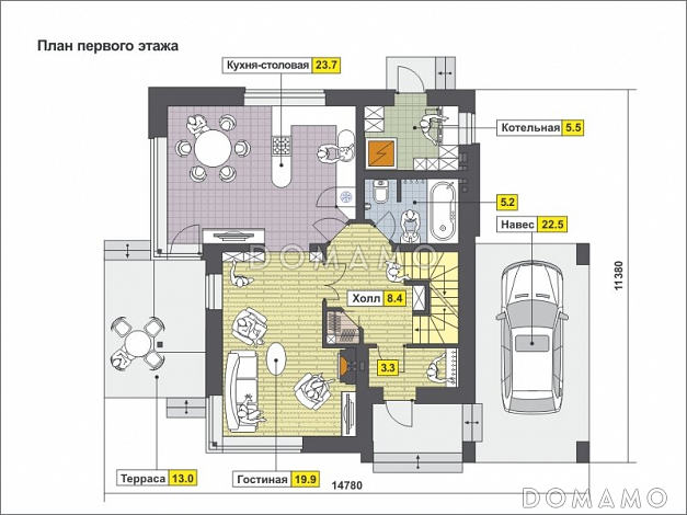 Проект дома с парной, бильярдной, навесом для машины, спальней с панорамным окном, / План 1 этажа