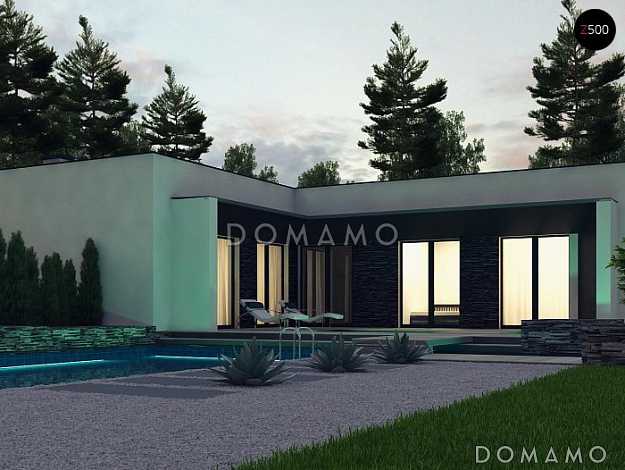 Проект современного одноэтажного дома из газобетона с плоской крышей, с тремя комнатами и гаражом 