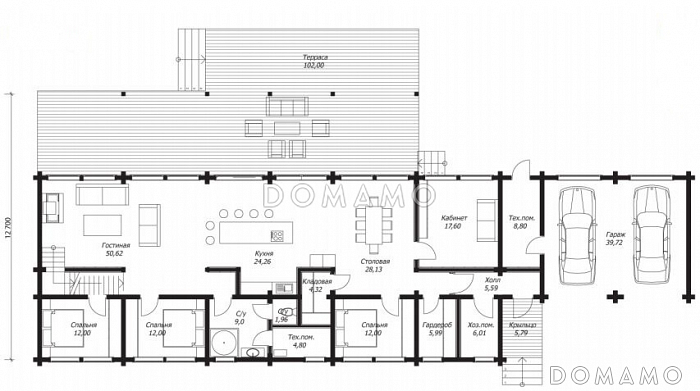 Проект большого двухэтажного дома из клееного бруса с гаражом / План 1 этажа