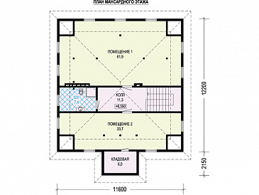 Проект дома с гаражом на две машины, сауной, спальнями на втором этаже с выходом на террасу / План мансардного этажа