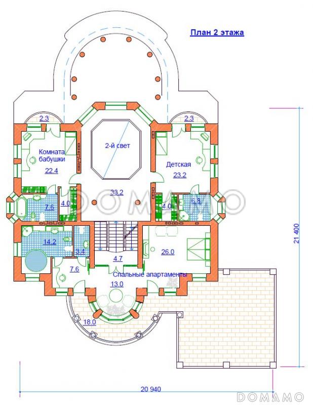 Проект жилого дома с небольшим бассейном на цокольном этаже / План 2 этажа