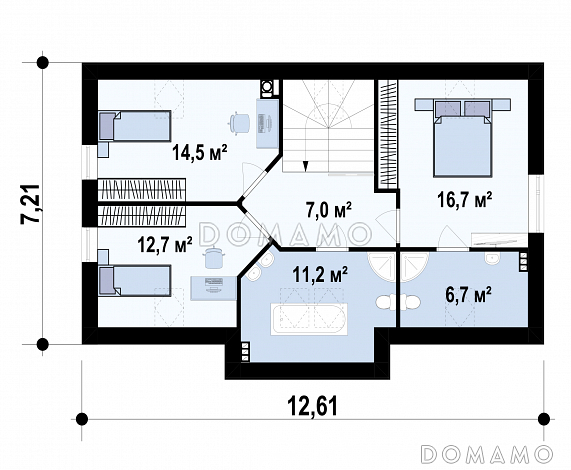 Проект загородного дома с камином в гостиной, террасой, кладовой под лестницей, мансардо / План мансардного этажа