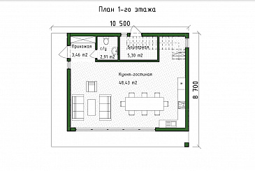 Проект двухэтажного коттеджа в стиле хай-тек, адаптированный для сейсмозоны / План 1 этажа