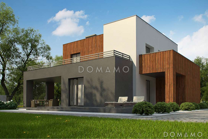 Проект современного двухэтажного кирпичного дома с четырьмя комнатами, гаражом и террасой на втором этаже