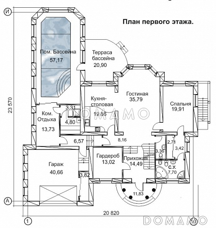 Проект дома с гаражом на два автомобиля, бассейном и небольшой террасой / План 1 этажа