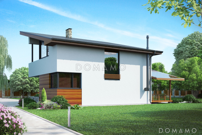 Проект дома с навесом на две машины, крытой террасой, спальней на первом этаже, балконом