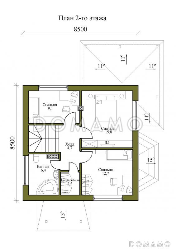 Проект одноэтажного дома с мансардой и ломанной крышей / План мансардного этажа