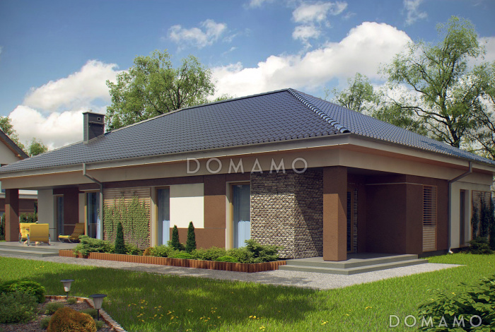 Проект просторного одноэтажного дома из кирпича со встроенным гаражом