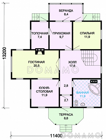 Проект деревянного дома с квадратной ванной комнатой / План 1 этажа
