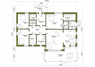 Проект просторного одноэтажного кирпичного дома в стиле хай-тек с тремя спальнями и террасой / План 1 этажа