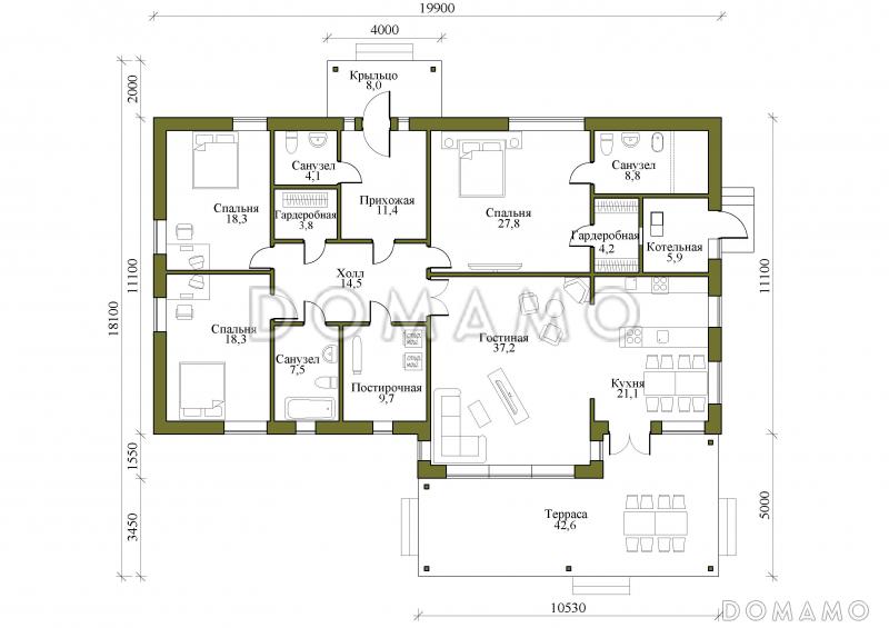 Проект просторного одноэтажного кирпичного дома в стиле хай-тек с тремя спальнями и террасой / План 1 этажа