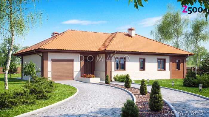 Проект одноэтажного дома из кирпича с просторной гостиной, четырьмя комнатами и гаражом