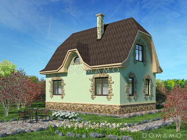 Проект небольшого дома из кирпича с декором из камня