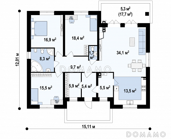 Проект одноэтажного дома с гардеробной в прихожей, просторной гостиной,  тремя спальнями, террасой / План 1 этажа