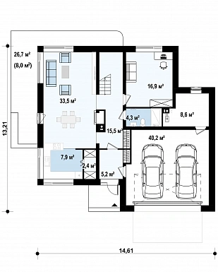 Проект кирпичного двухэтажного дома с гаражом, мастер-спальней и террасой на втором этаже / План 1 этажа