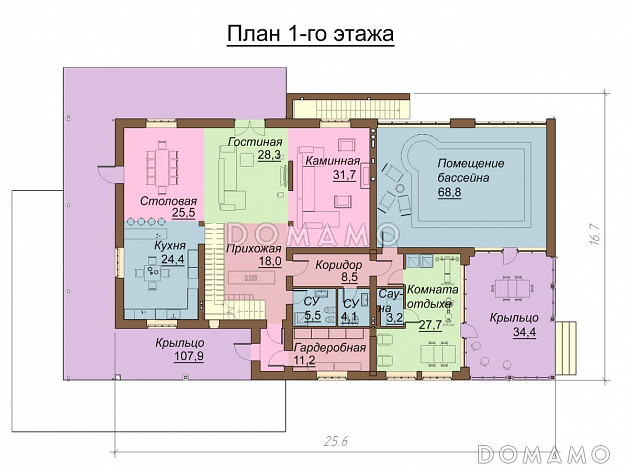 Проект большого двухэтажного коттеджа с зоной отдыха и бассейном на цокольном этаже / План 1 этажа