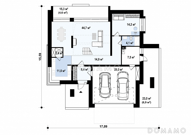 Проект дома из газобетона с кабинетом, гаражом на 2 машины и террасой на втором этаже / План 1 этажа