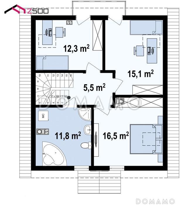 Проект загородного дома с террасой, балконом, кладовой на кухне, просторной ванной / План мансардного этажа