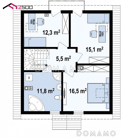 Проект загородного дома с террасой, балконом, кладовой на кухне, просторной ванной / План мансардного этажа