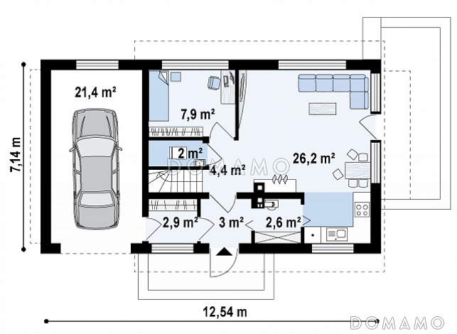 Проект компактного одноэтажного мансардного дома из кирпича с дополнительной спальней на первом этаже и гаражом / План 1 этажа