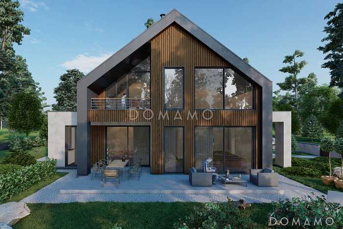 Проект дома в стиле барнхаус с гаражом, спортзалом и тремя спальнями