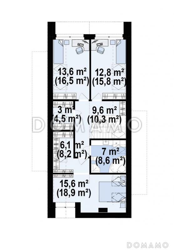 Проект загородного дома с комнатой и гардеробом на первом этаже, тремя спальнями на мансарде, просторной обеденной зоной / План мансардного этажа