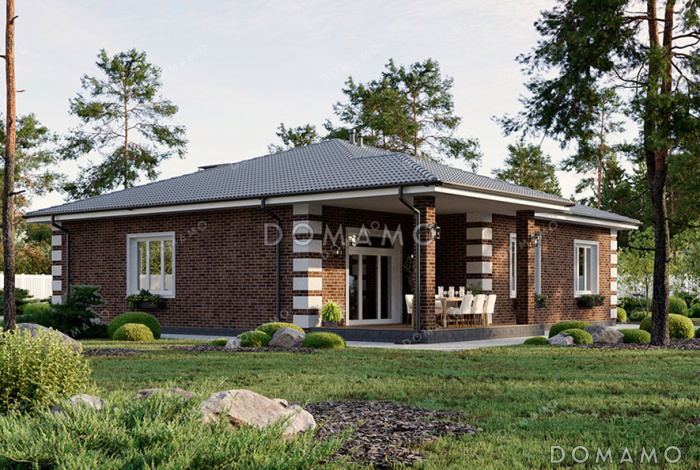 Проект одноэтажного дома в классическом стиле с угловой террасой, большой кухней-гостиной и четырьмя спальнями