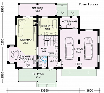 Проект дома из газобетона со светлой верандой / План 1 этажа