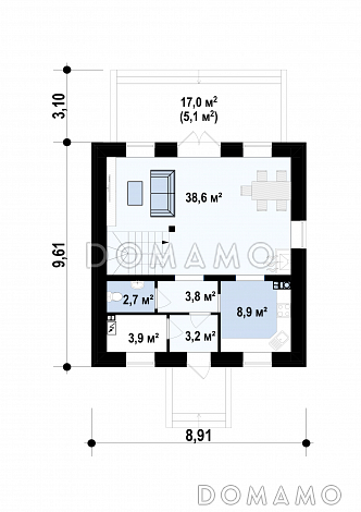 Проект загородного дома с камином в гостиной, изолированной кухней, открытой террасой / План 1 этажа