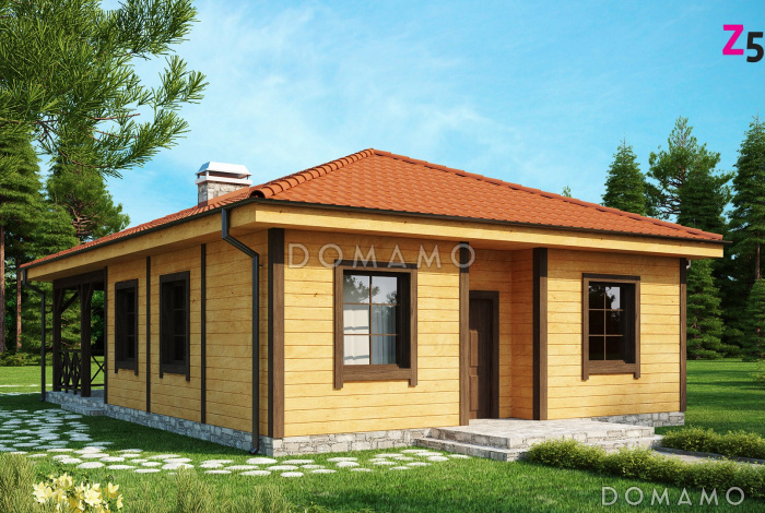 Проект компактного одноэтажного дома из газобетона с барбекю на большой террасе