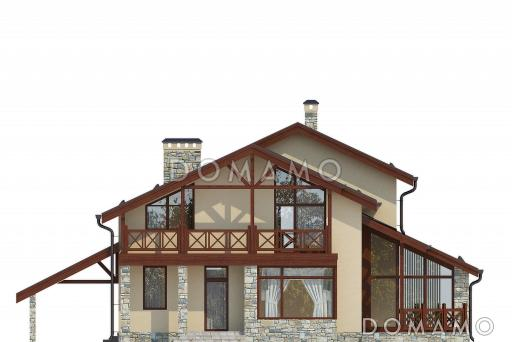 Проект дома с большой открытой террасой, навесом на одну машину, вторым светом, террасой и балконом на мансардном этаже / Фасад 3