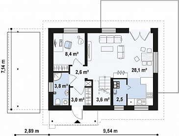 Проект одноэтажного мансардного дома из кирпича с балконом и навесом для автомобиля / План 1 этажа