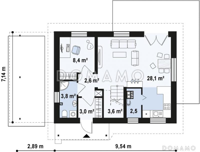 Проект одноэтажного мансардного дома из кирпича с балконом и навесом для автомобиля / План 1 этажа