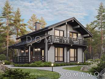 Проект загородного дома с террасой, комнатой на первом этаже, кладовой под лестницей, балконом