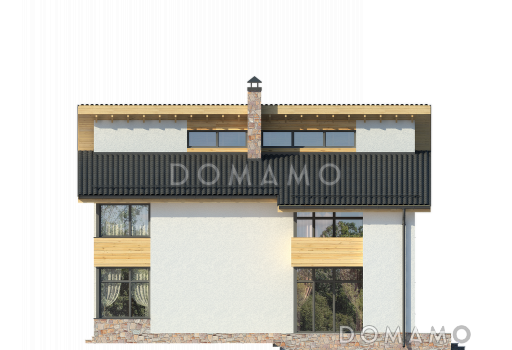 Проект дома из СИП панелей со спальней на первом этаже, ванной с окном, вторым светом в гостиной, двумя балконами / Фасад 1