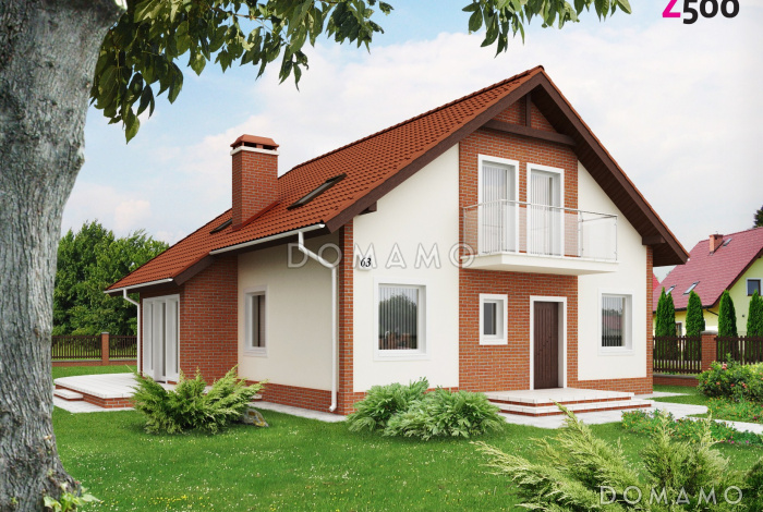 Проект одноэтажного мансардного дома из кирпича с эркером и большой площадью остекления в гостиной