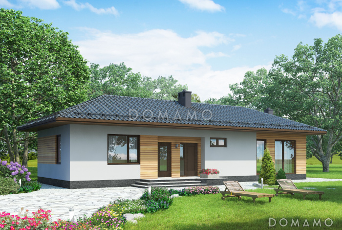 Проект одноэтажного дома из SIP панелей с большими окнами в гостиной