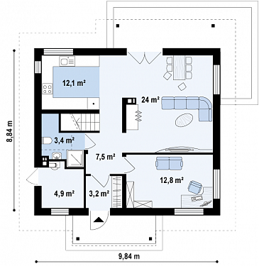 Проект компактного мансардного дома из газобетона с угловой террасой и окнами с французским балконом / План 1 этажа