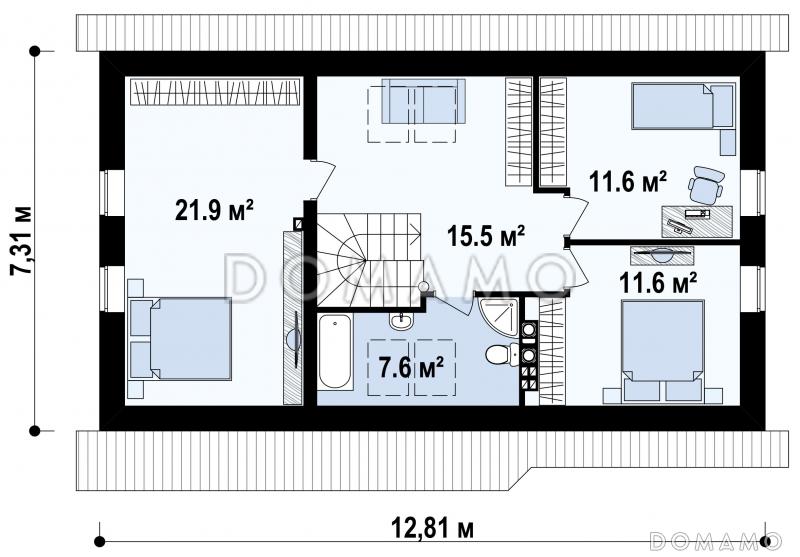Проект мансардного дома из газобетона с четырьмя спальнями и гаражом  / План мансардного этажа
