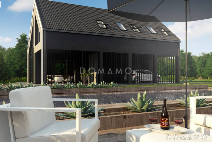 Проект современного одноэтажного мансардного коттеджа из газобетона с большой площадью остекления, вторым светом и навесом для двух автомобилей