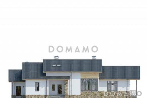 Проект дома с мансардными окнами, крытой террасой, просторной кухней-столовой с кладовой, сауной, вторым светом / Фасад 1