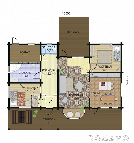 Проект двухэтажного дома из клееного бруса со вторым светом над кухней и просторной гостиной / План 1 этажа